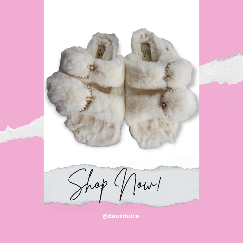 Cream Faux Fur & Faux Pearl Slippers